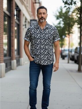 Men's Jack Spade Navy & White Floral Short Sleeve Shirt - Modern Fit sz M